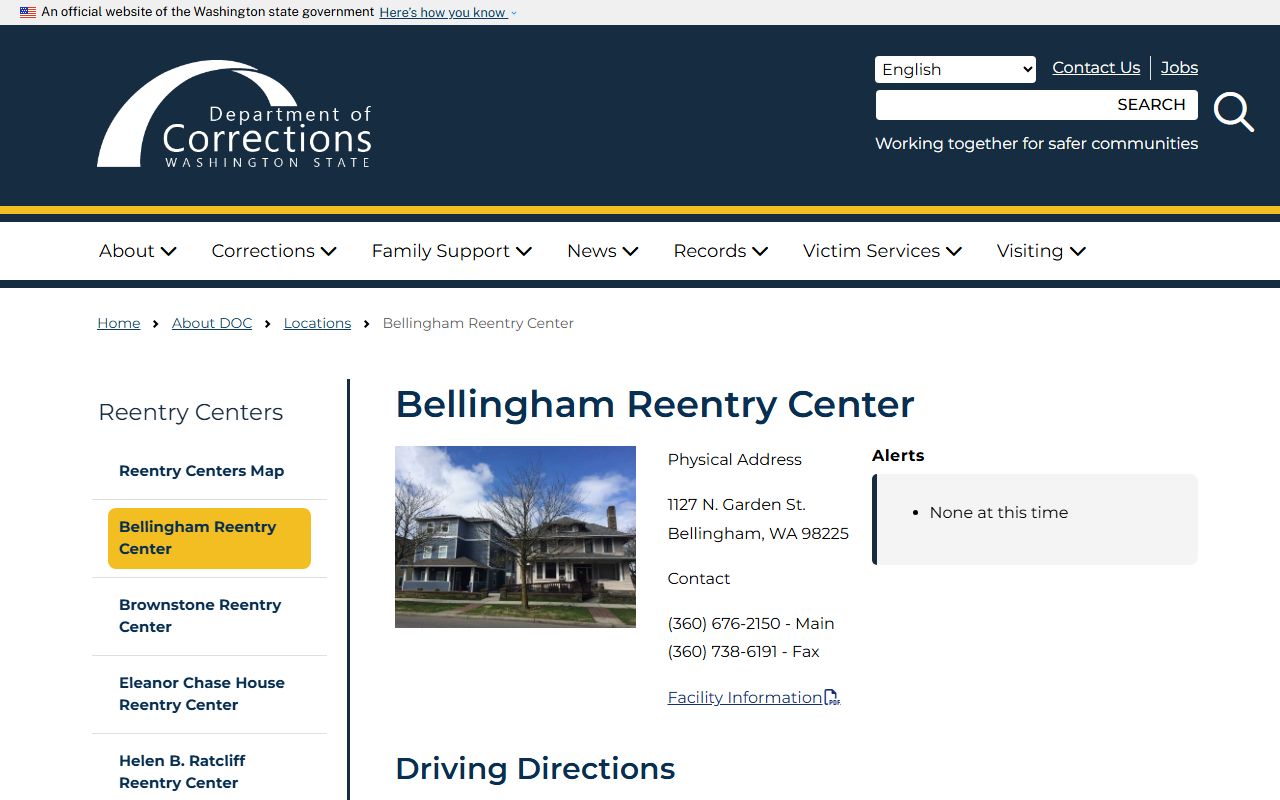 Bellingham Reentry Center DOC facility record page