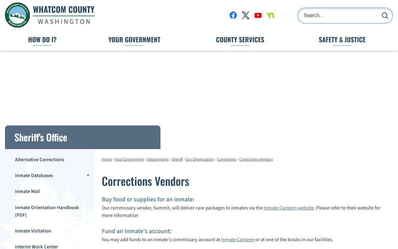 Whatcom County Interim Work Center commissary and phone vendor record page
