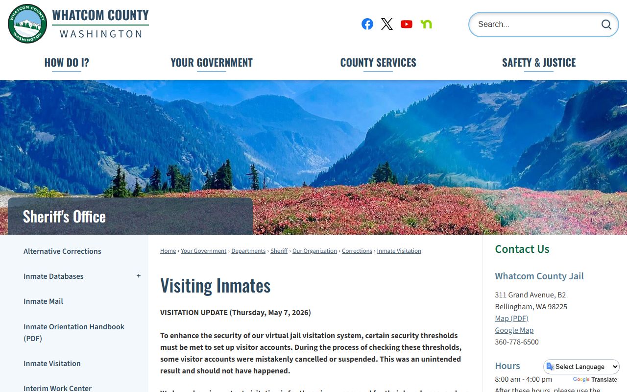 Whatcom County Jail visitation schedule and record access page