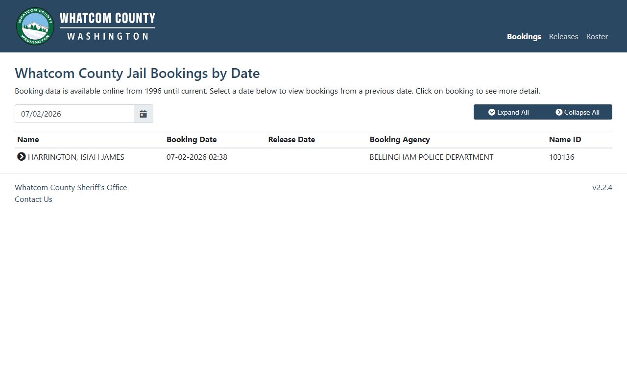 Whatcom County inmate population bookings by date search