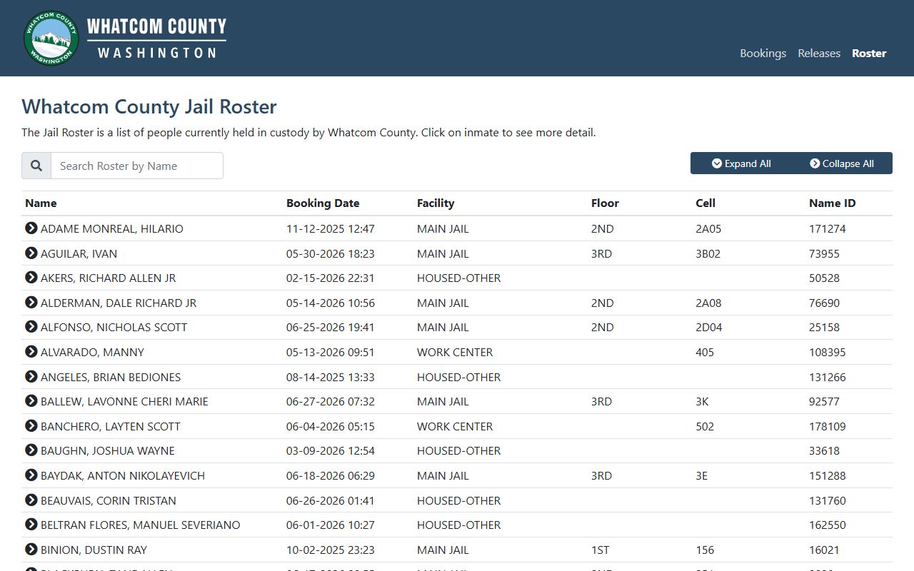 Whatcom County Jail roster search record page
